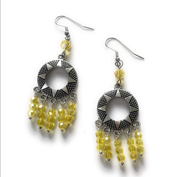 Yellow Beaded Earrings for Women with Sun Pendant Charm - Picture 4 of 5